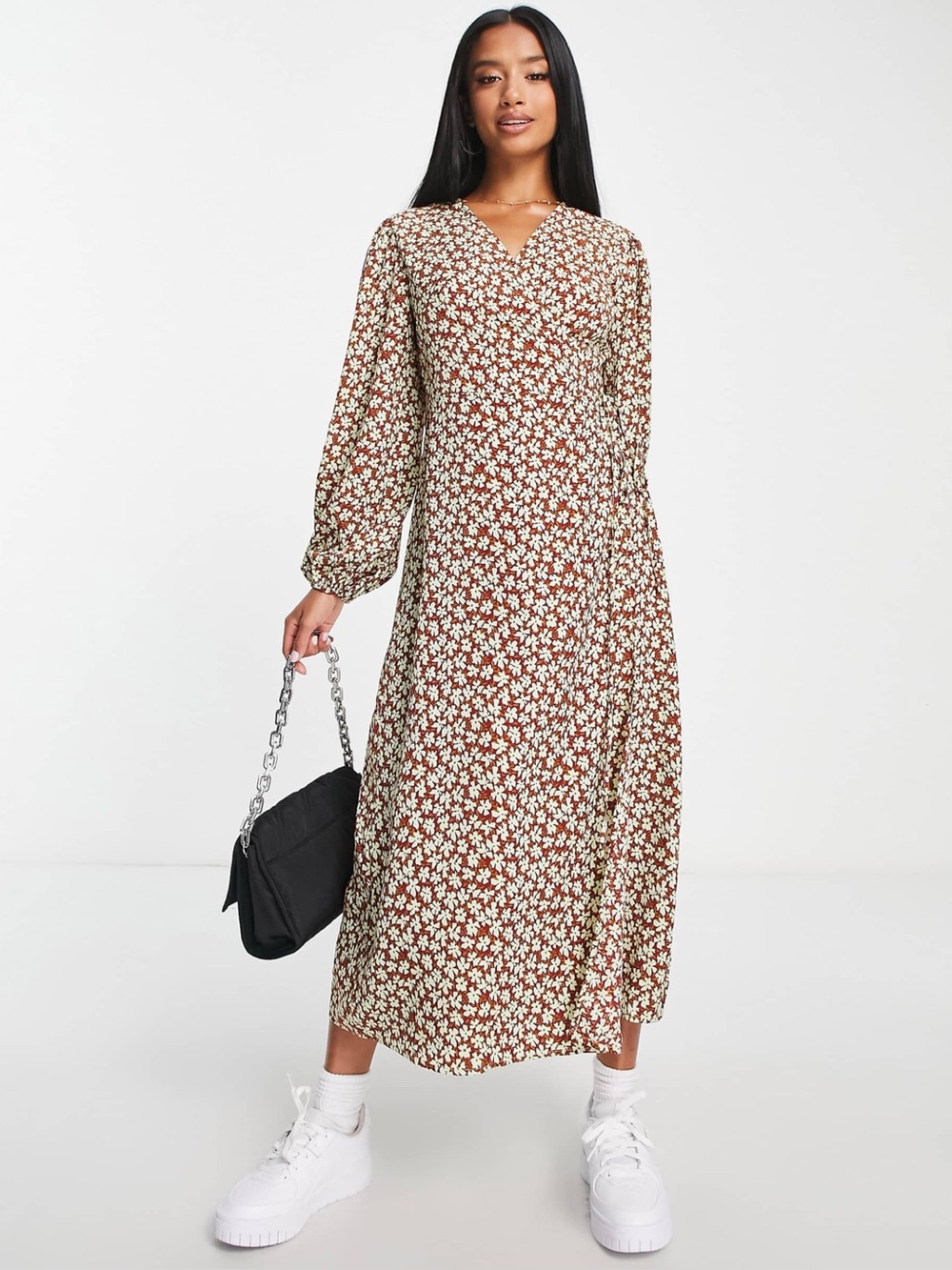 ASOS Glamorous Midi Wrap Dress Size 2 Brown Green Ditsy Floral Balloon Sleeve